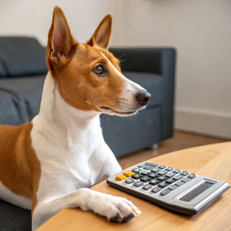 Basenji sitting with a calculator