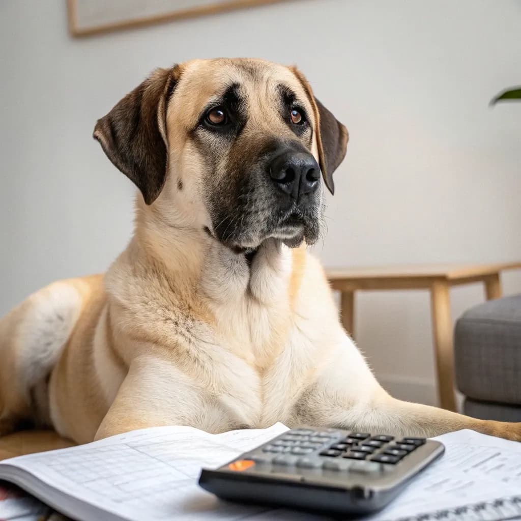 A Vizsla sitting with a calendar and a calculator