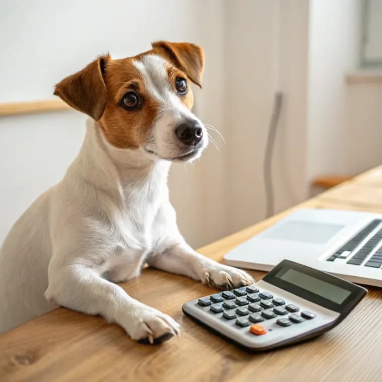 Jack Russell Terrier sitting with a calculator