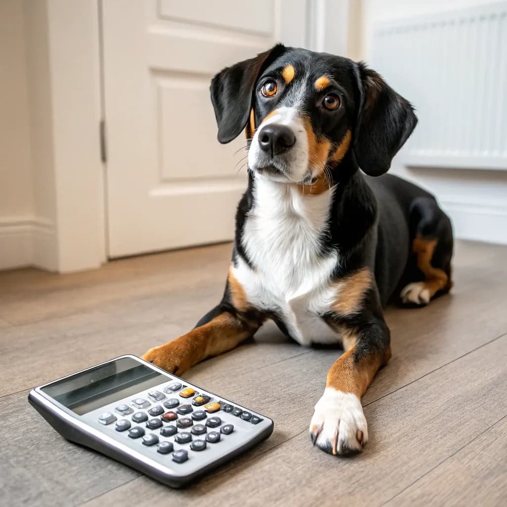 Entlebucher Mountain Dog sitting with a calculator