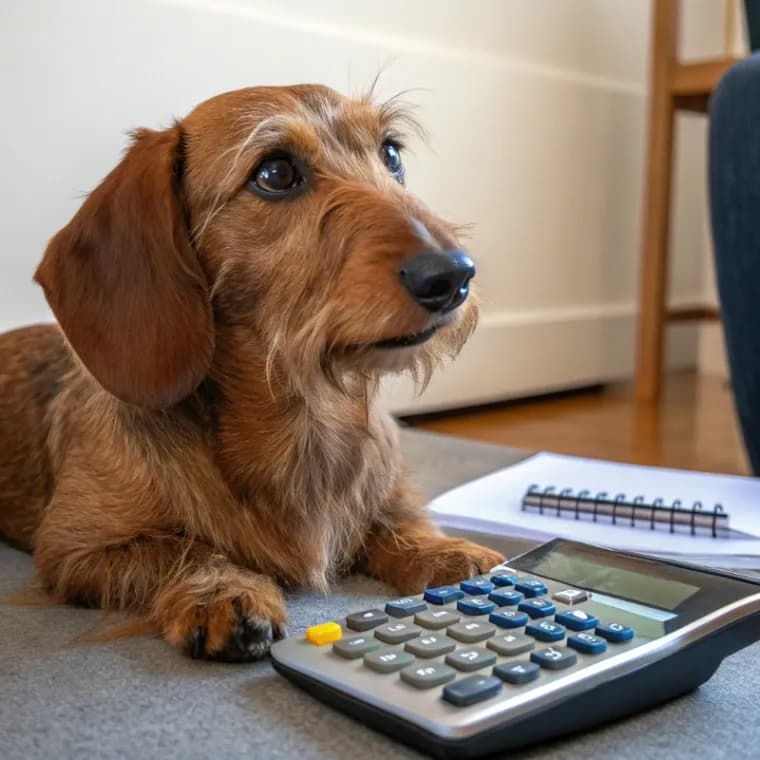 Basset Fauve de Bretagne sitting with a calculator