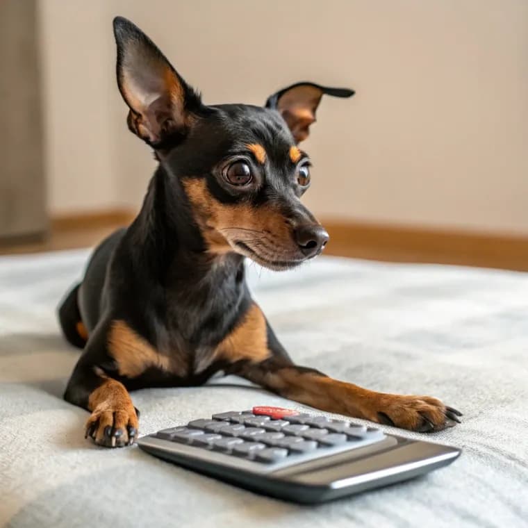 Miniature Pinscher sitting with a calculator