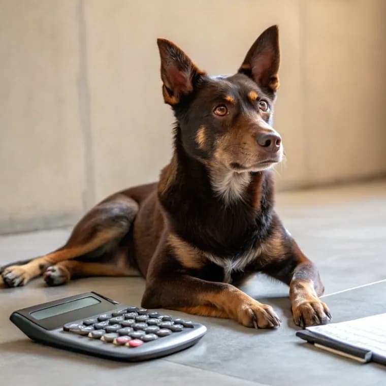 Australian Kelpie sitting with a calculator