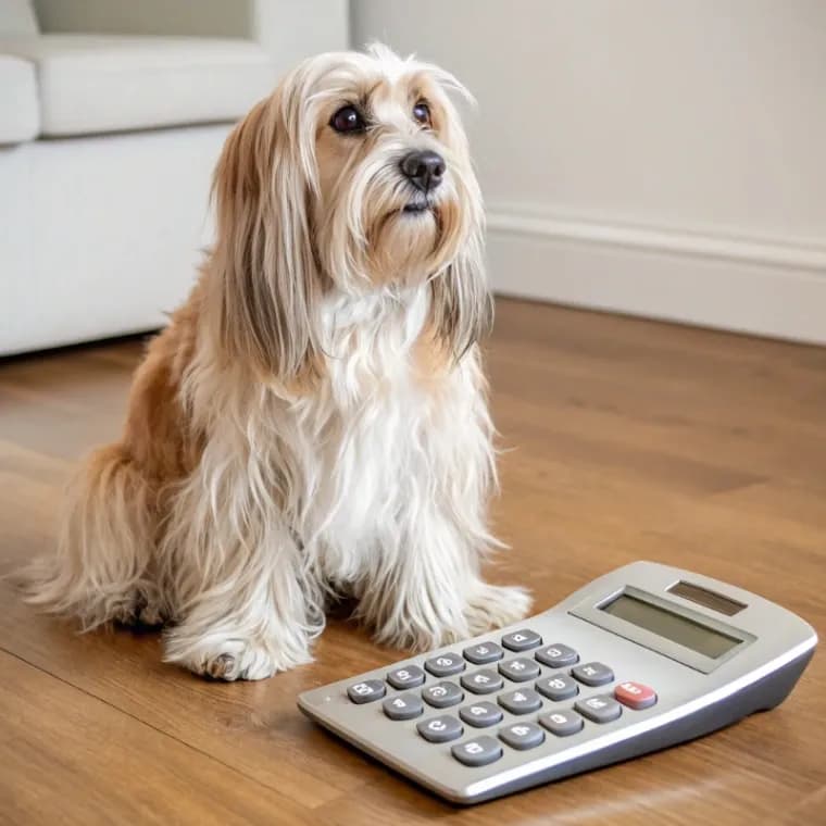 Tibetan Terrier sitting with a calculator