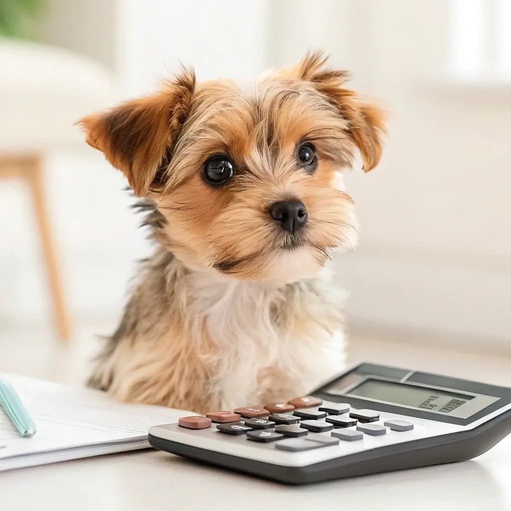 A cute Morkie puppy sitting at a table with a calculator
