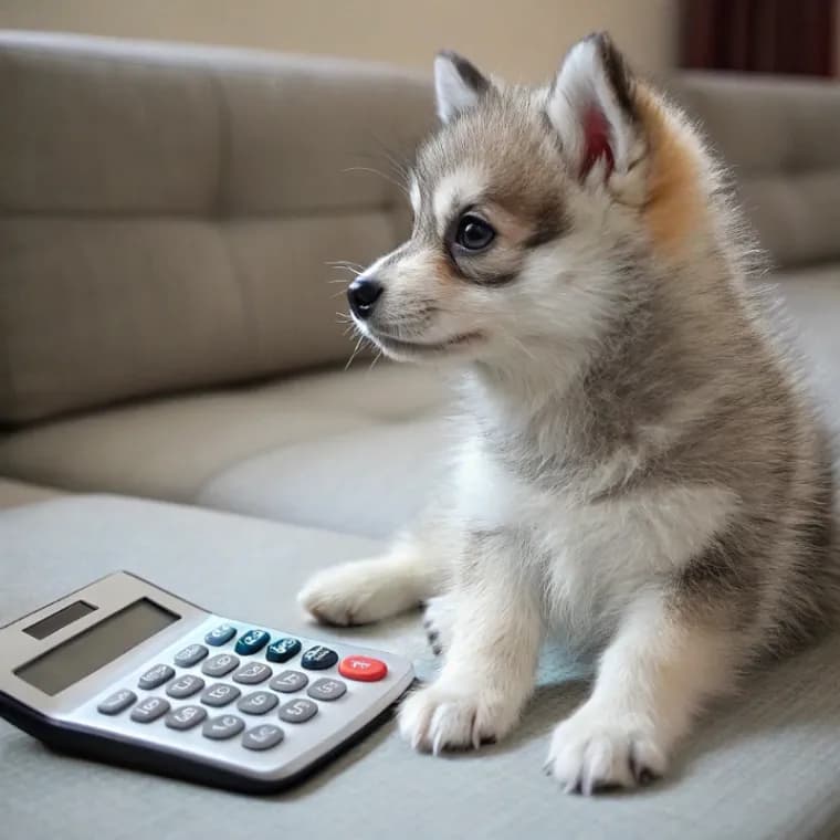 An Alaskan Klee Kai puppy sitting on the couch with a calculator