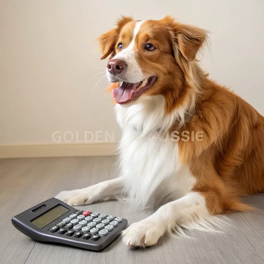 A Golden Aussie dog with brown and white fur sitting with a calculator