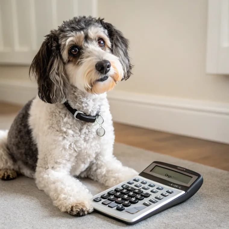 Aussiedoodle sitting with a calculator