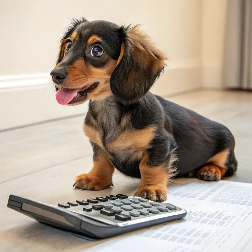 A dashalier mixed dog sitting inside on the floor with a calculator