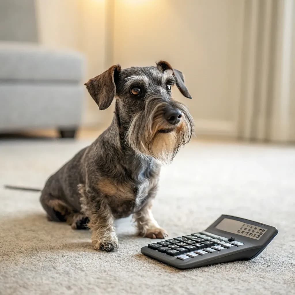 A Cesky Terrier on the carpet inside sitting with a calculator