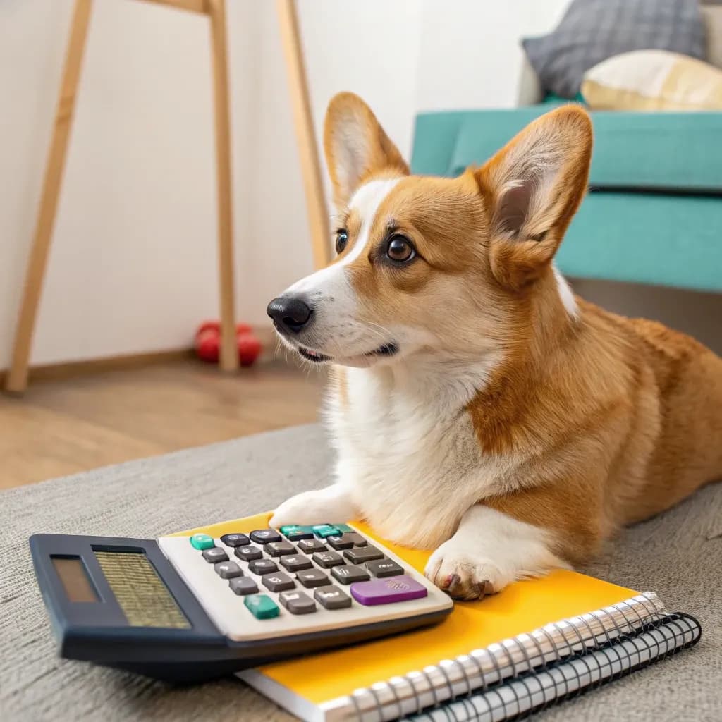 A Pembroke Welsh Corgi sitting on the floor on a rug leaning on a yellow notebook and a calculator