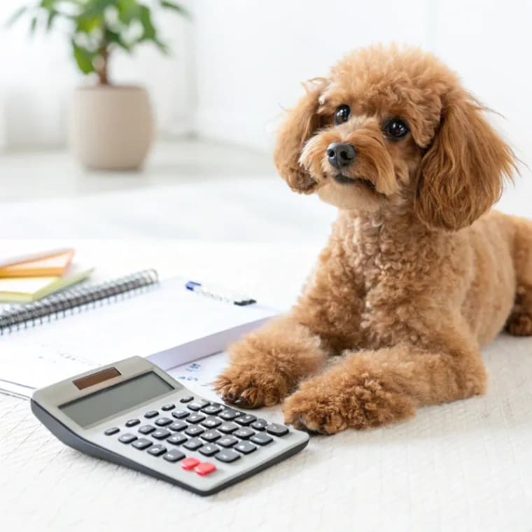 A toy poodle sitting on the floor with a calculator
