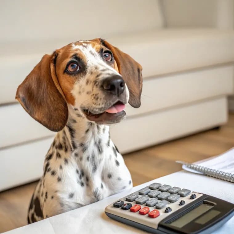 American Leopard Hound sitting with a calculator