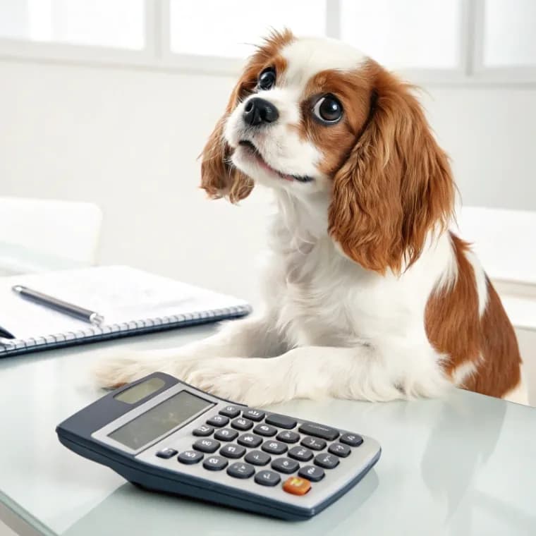 Cavalier King Charles Spaniel sitting with a calculator