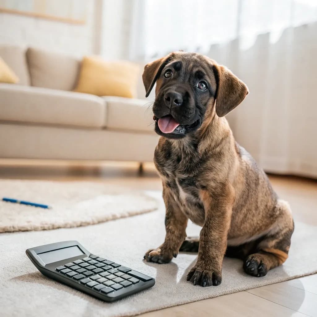 A Presa Canario puppy sitting inside on a rug next to a calculator
