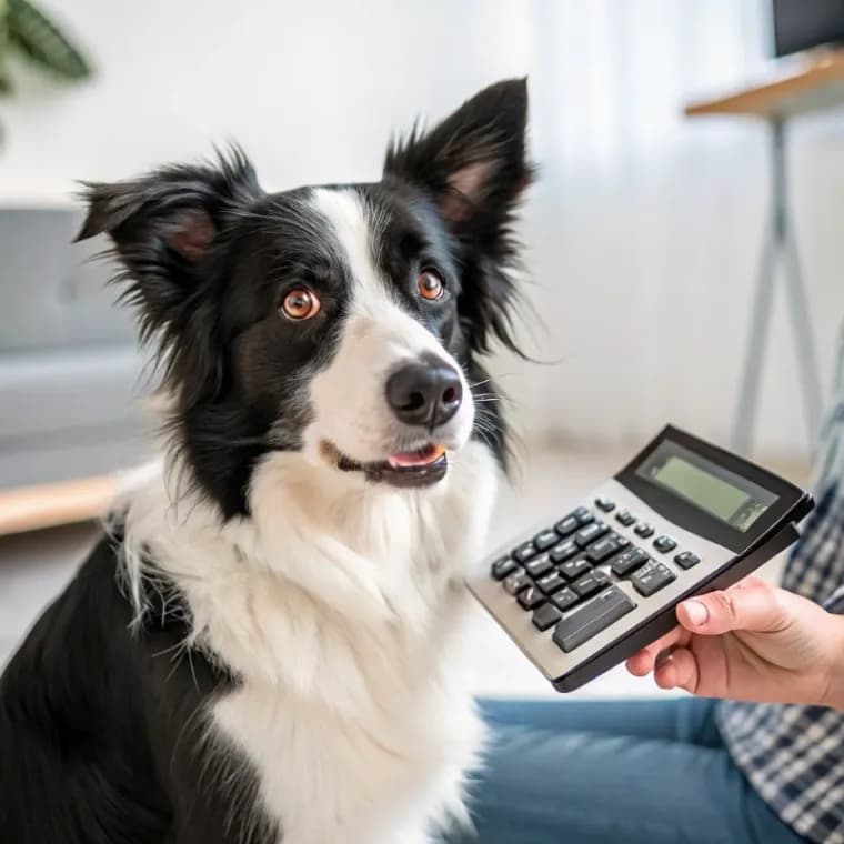 Border Collie sitting with a calculator