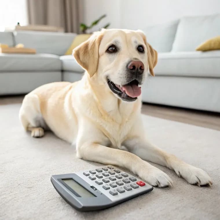 Labrador Retriever sitting with a calculator