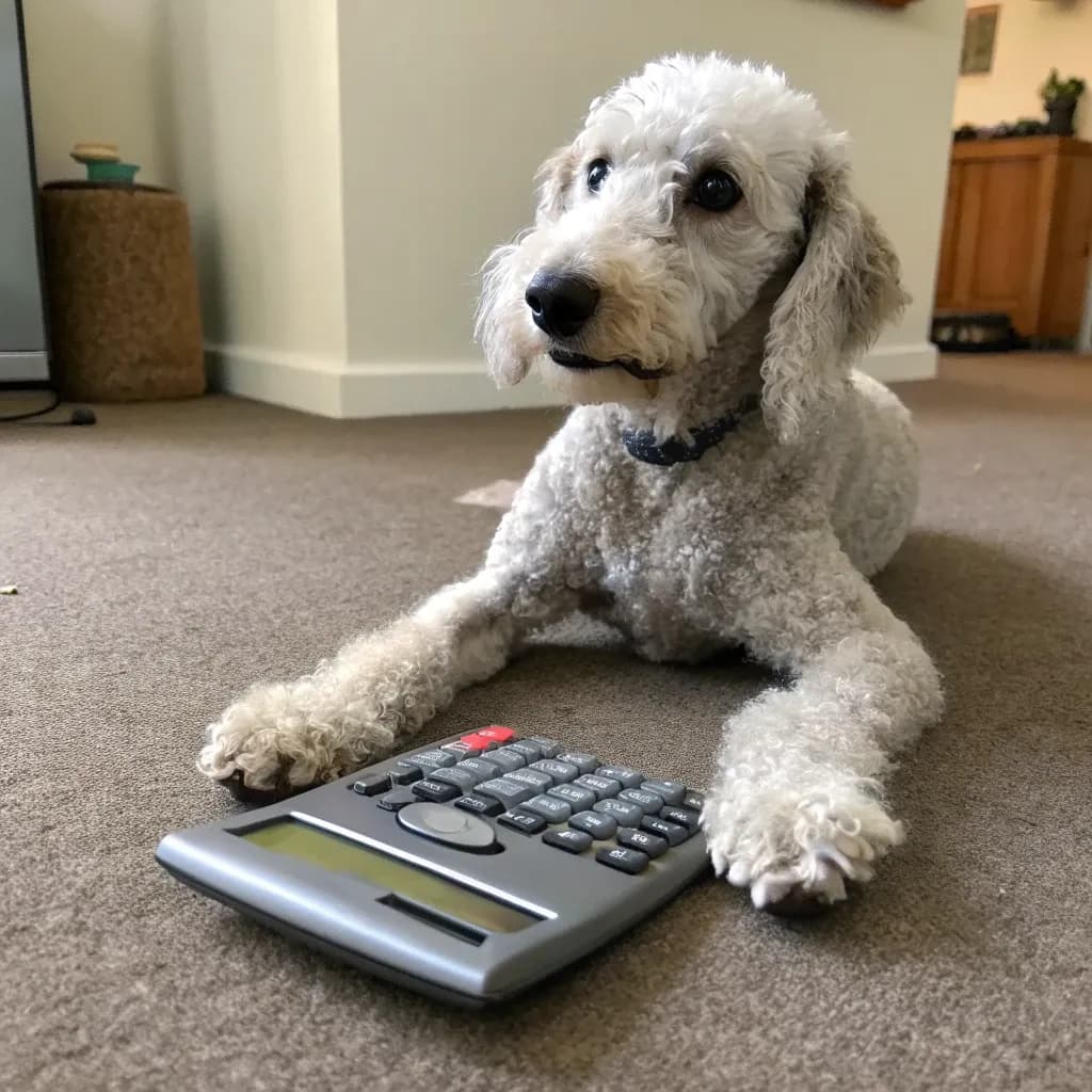 Bedlington Terrier sitting with a calculator