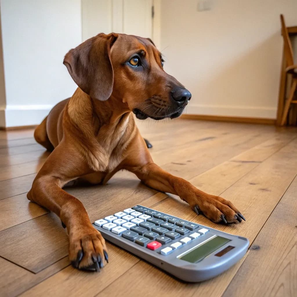 A Rhodesian Ridgeback dog on the floor sitting with a calculator