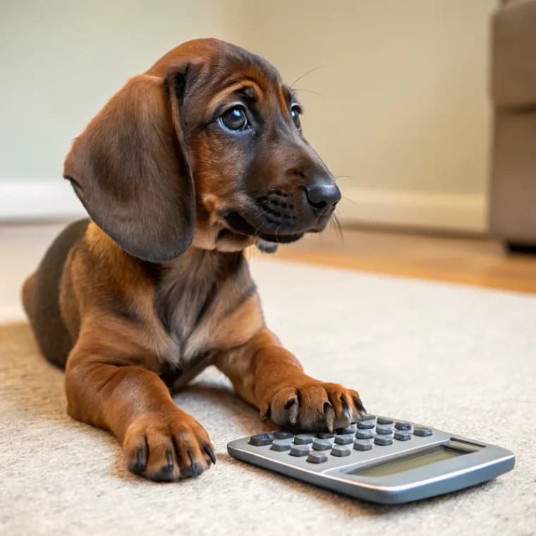 Bavarian Mountain Scent Hound sitting with a calculator