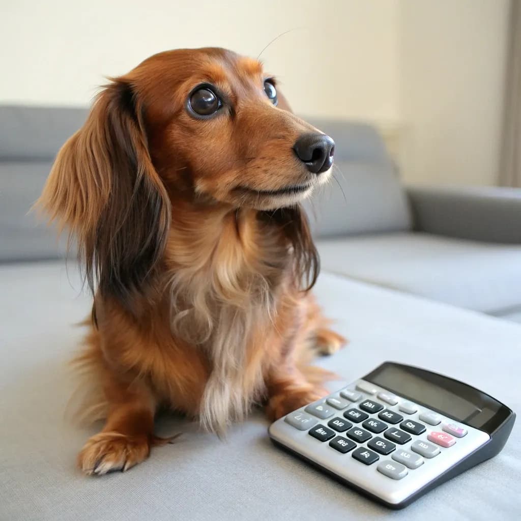 A brown coated Miniature Long-Haired Dachshund sitting on the couch with a calculator