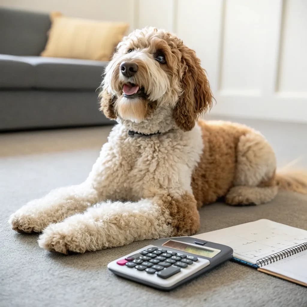A Newfiedoodle dog inside sitting on the carpet with a calculator and notebook