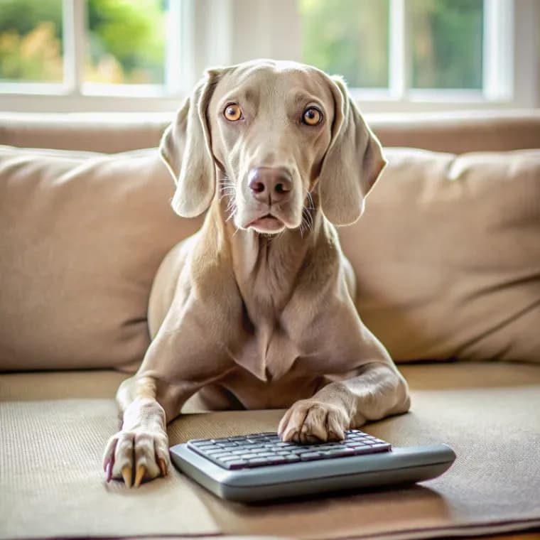 Weimaraner sitting with a calculator