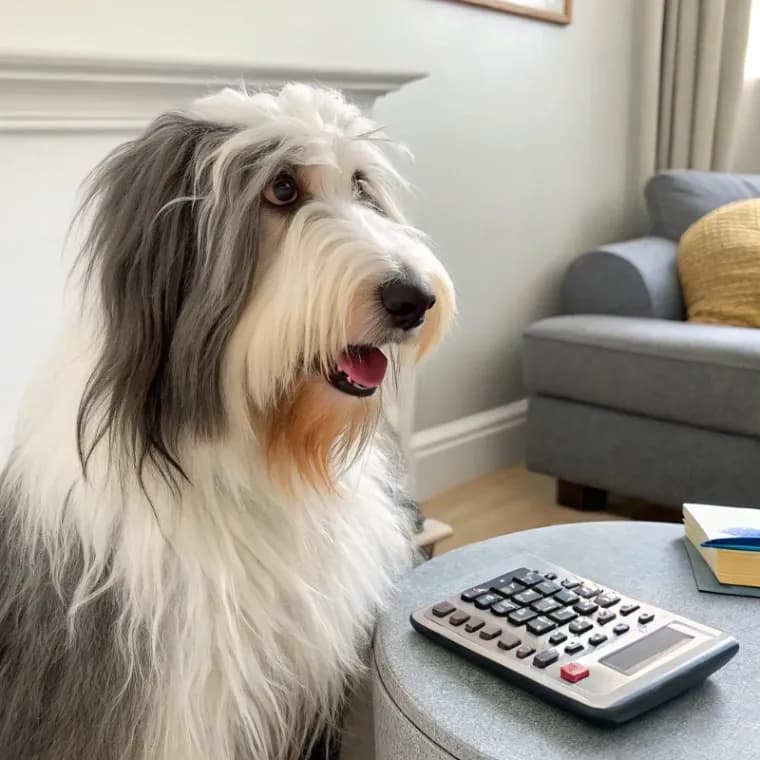 A Bearded Collie sitting with a calculator on a coffee table inside a home