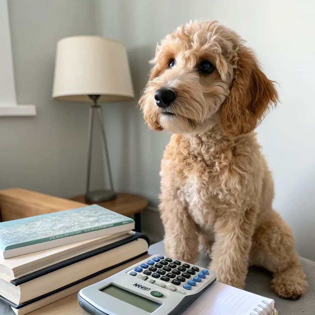 A mini goldendoodle sitting up to a desk with a calculator