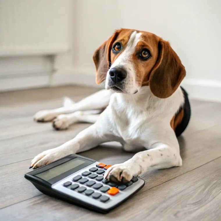 American Foxhound sitting with a calculator
