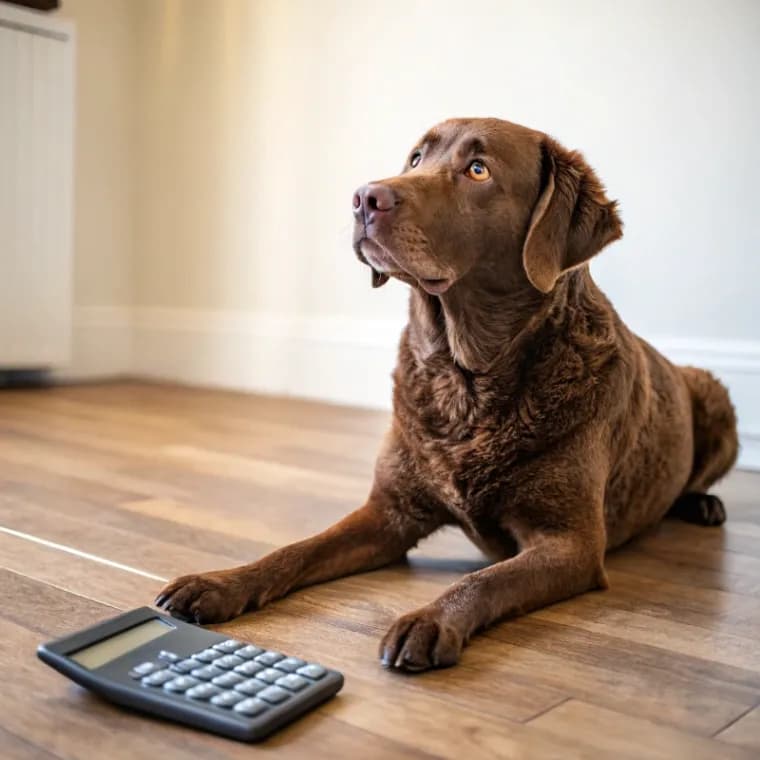 Chesapeake Bay Retriever sitting with a calculator