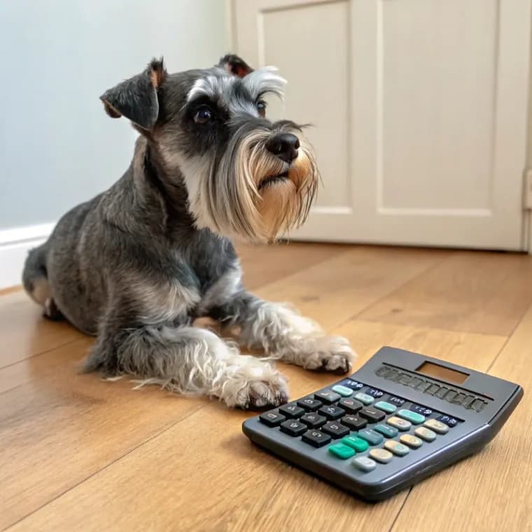 Standard Schnauzer sitting with a calculator