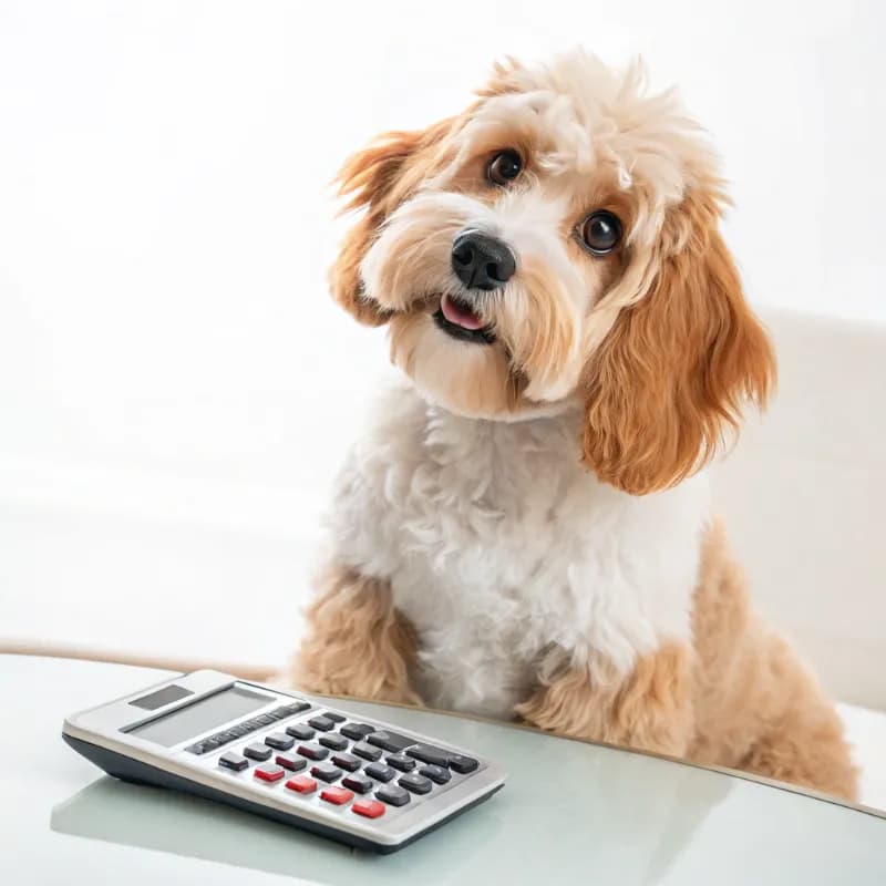 Cavapoo sitting with a calculator