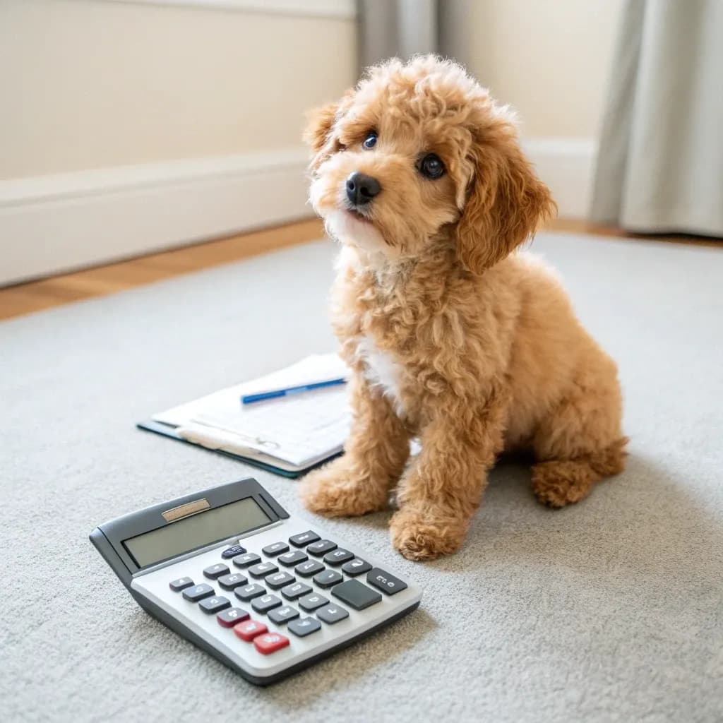 Bichonpoo sitting with a calculator
