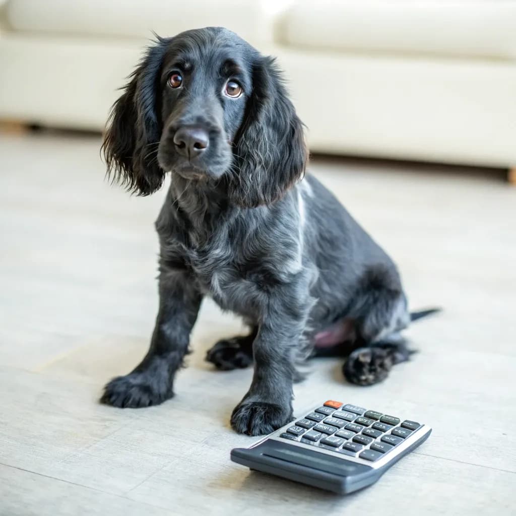 A Blue Picardy Spaniel sitting inside on the floor, beside a calculator