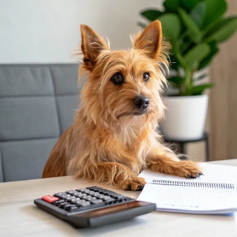 Australian Terrier sitting with a calculator