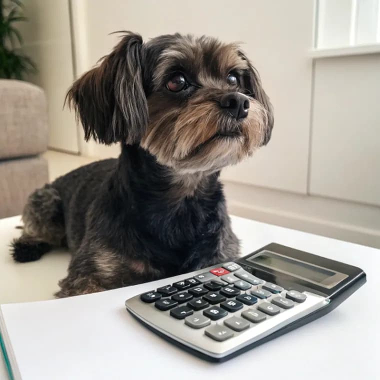 Morkie sitting with a calculator