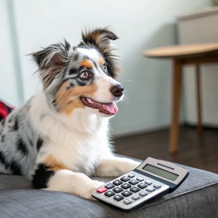 Mini Australian Shepherd sitting with a calculator