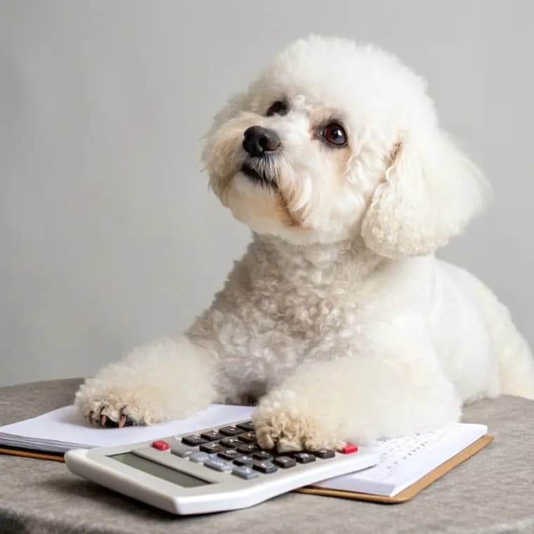 Bichon Frise sitting with a calculator