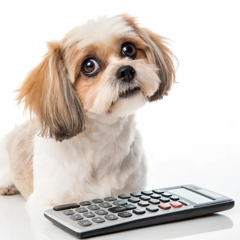 A Shih-Poo sitting with a calculator