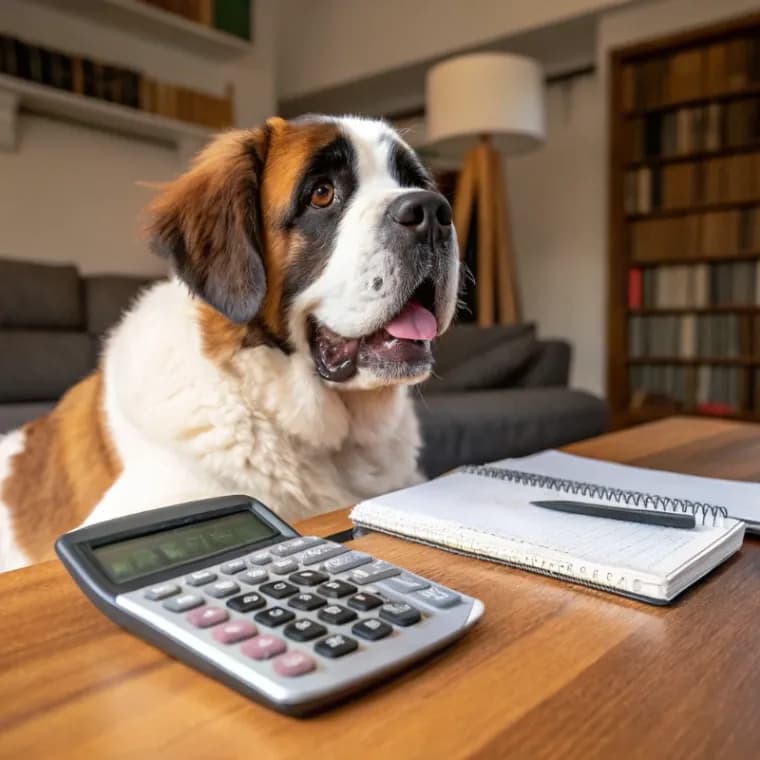 Saint Bernard sitting with a calculator