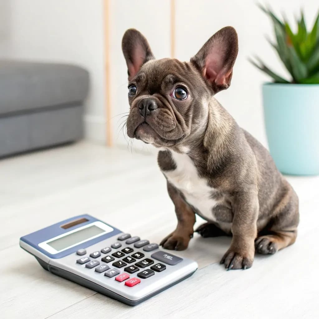 A photo of a frenchie sitting on the floor inside with a calculator