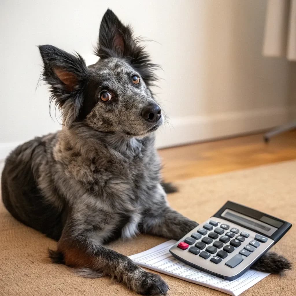 A Mudi dog sitting on the floor with a notebook and calculator