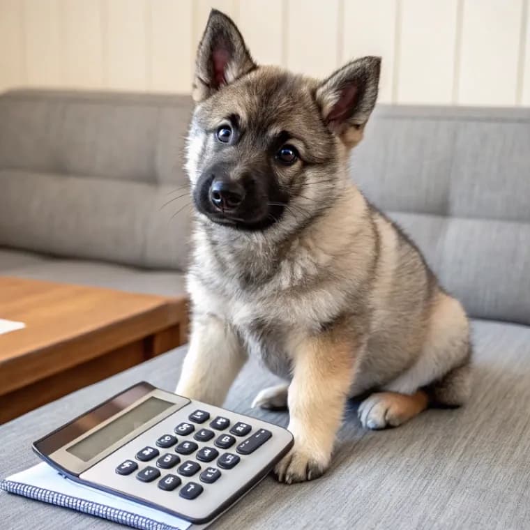 Norwegian Elkhound sitting with a calculator