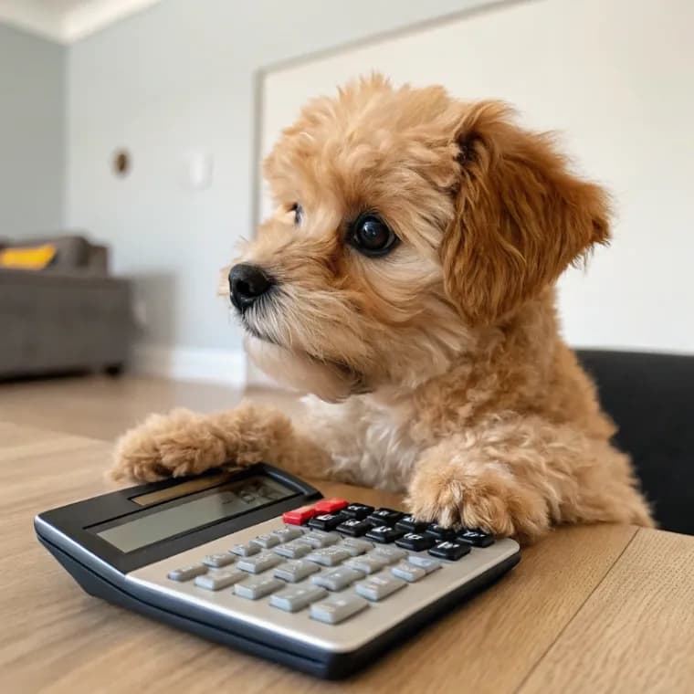 Pomapoo sitting with a calculator
