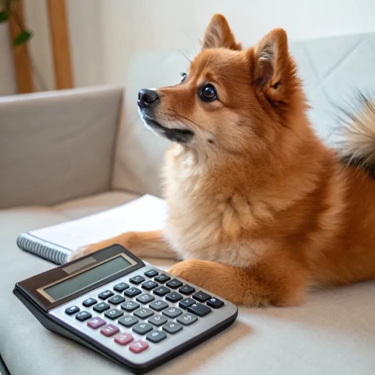 Finnish Spitz sitting with a calculator