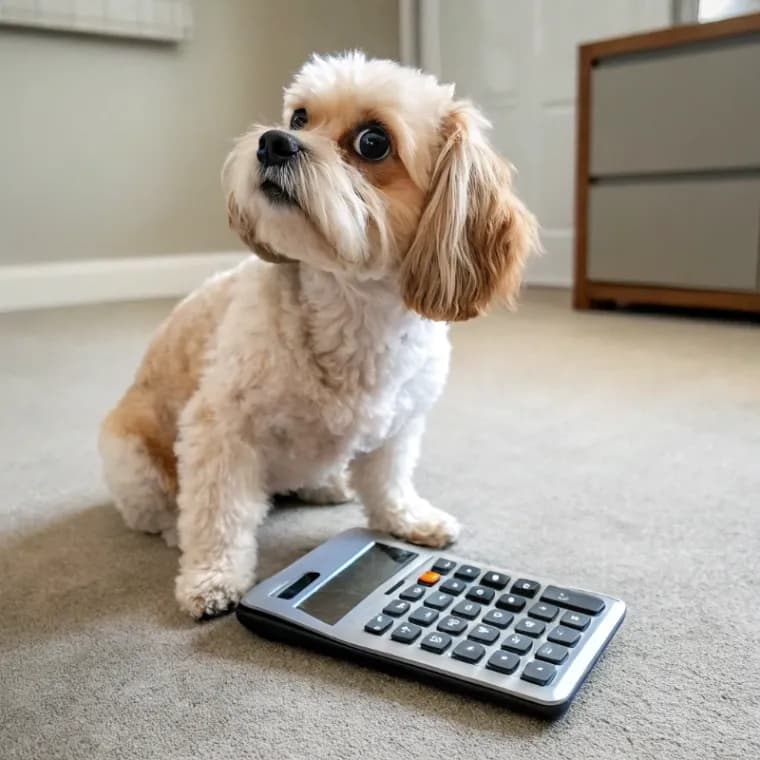 Chi-Poo sitting with a calculator