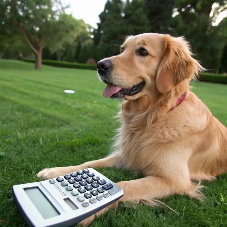 Golden Retriever sitting with a calculator