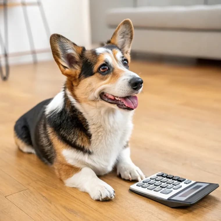 Cowboy Corgi sitting with a calculator