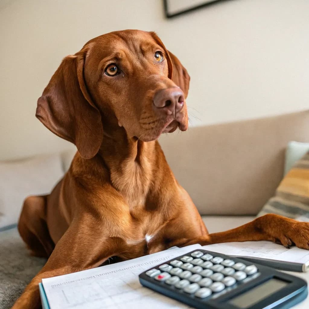 A Vizsla sitting with a calendar and a calculator